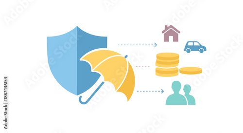 Shield Icon With Yellow Umbrella Symbolizing Protection And Insurance, Set Against A White Background In A Flat Design Style
