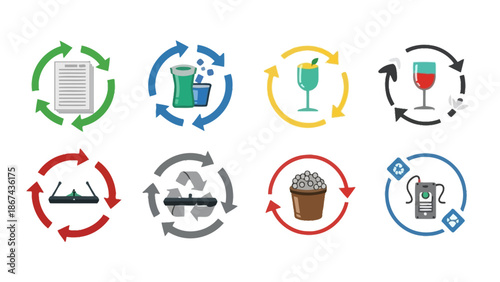 Recycling icons depicting various materials in a circular arrangement