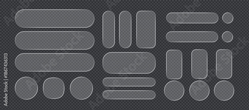 Glossy transparent glass ui elements set with rounded rectangles and circles on a dark background