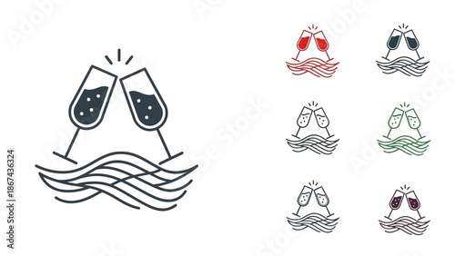 Champagne glasses clinking over waves in elegant vector illustration design