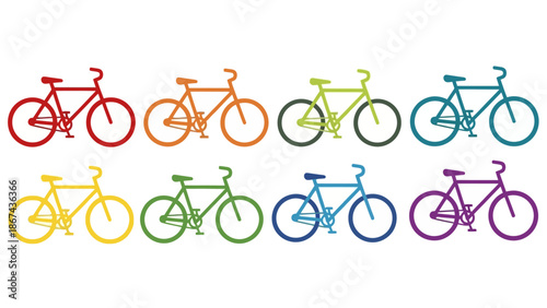 Colorful bicycle silhouettes arrayed on white background for design and concepts