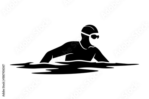 Silhouette of a swimmer in a wetsuit gliding through the water. Vector. A black silhouette. Isolated.