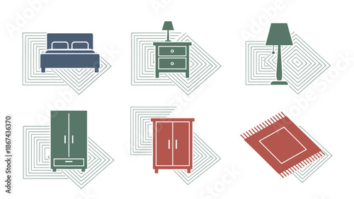 Modern furniture icons set bed nightstand lamp wardrobe rug design