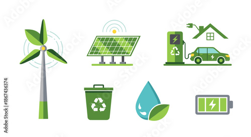 Wind turbine, solar panel, and recycling bin in a flat, minimalist style, with green and gray color palette on a white background, representing renewable energy and sustainability.