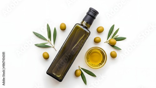 a top down view of a dark glass bottle filled with olive oil surrounded by fresh olives and green leaves on a white background high quality