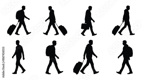Silhouettes of walking people with luggage and backpacks in various poses