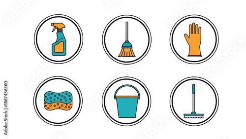 Cleaning tools icons set spray bottle broom glove sponge bucket mop