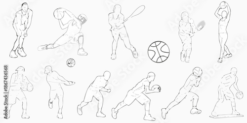 Line art illustrations of people playing basketball and tennis sports