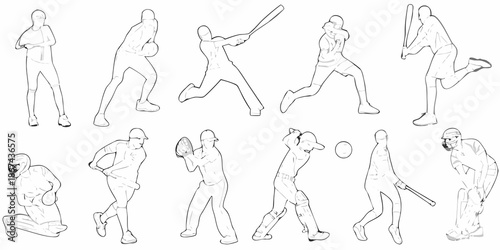 Baseball players in action a series of line drawing illustrations