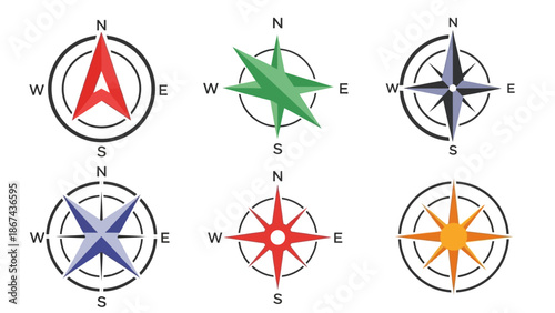 Set of colorful compass icons with north south east and west directions