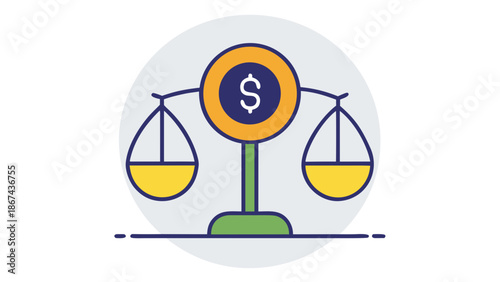 A coin icon with a balance scale or a dollar sign inside a circle, representing stability.