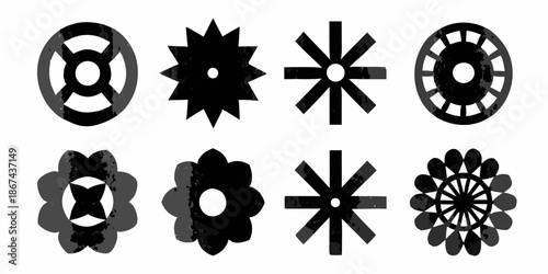 An arrangement of eight different black and grey circular geometric designs