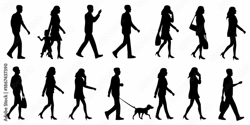 Fototapeta premium A collection of black silhouettes depicting people walking and interacting