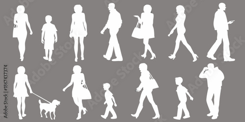 Silhouettes of people in various poses and attire on a gray background