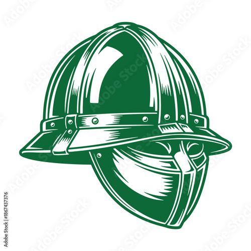 Green illustration of a vintage football helmet with metal face mask and leather straps isolated on white background