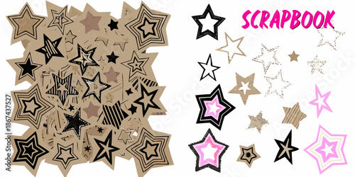 A colorful collection of various patterned and textured stars and scrapbook text