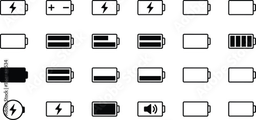 A comprehensive set of minimalist black and white battery status icons featuring charging symbols, energy levels, power indicators, and electrical silhouettes on white background.