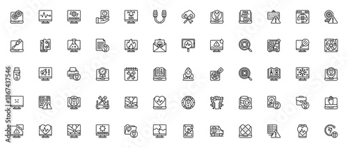 Computer Diagnostics icon set. Vector illustration. Includes symbols for laptop, repair, technical support, cloud, server, router, hard disk, data recovery and more. Editable stroke.