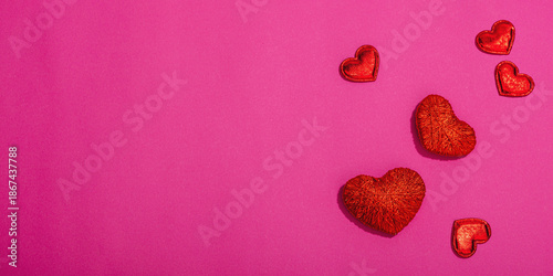 Handmade Valentines Day concept. Creative thread hearts, spring crafting. Festive greeting card