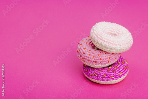 Handmade crocheted donuts with shiny beads. Festive Valentines or Mothers Day, greeting card