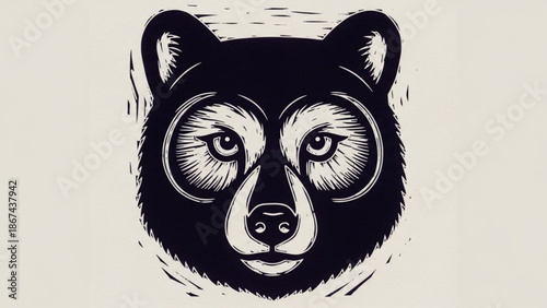 A detailed illustration of a bears face in black and white with expressive eyes on a beige background