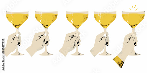 A sequence of hands holding wine glasses showing liquid being poured
