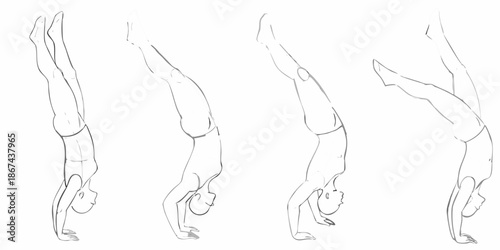 Sketch of a person demonstrating a handstand progression with multiple poses