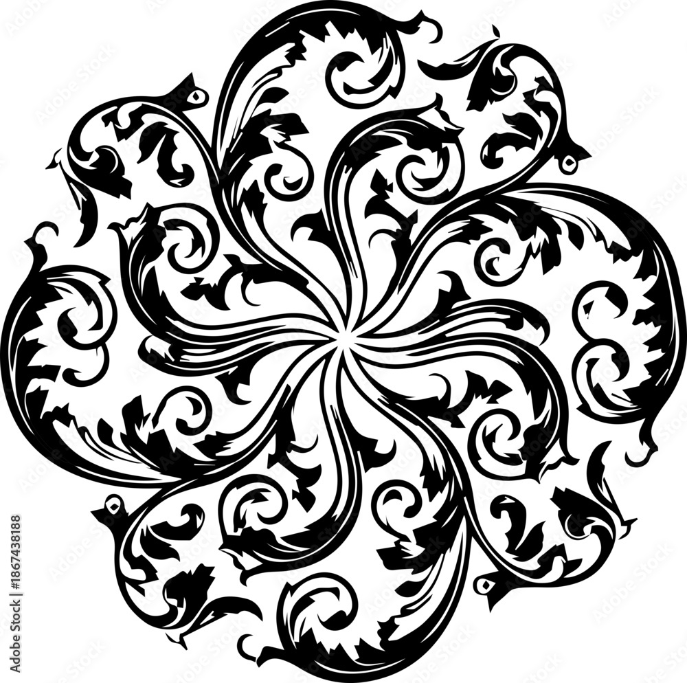Fototapeta premium Circular Rosette Filigree Ornament with Baroque Swirl Patterns