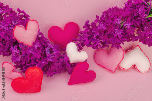 Cute greeting card for Valentine's or Mothers Day. Handmade felt hearts and lilac flowers