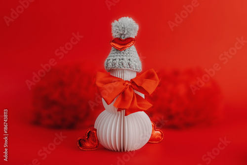 Snowman in love, festive greeting card concept, Valentine's Day, Wedding or Anniversary. Handmade