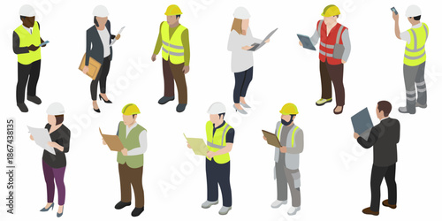 Isometric diverse group of people working reviewing plans and using technology