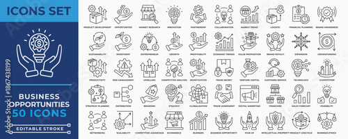 Business Opportunities icon set vector illustration. Containing product development, innovation, investment, partnership, sustainability, market research, strategy and growth icon.