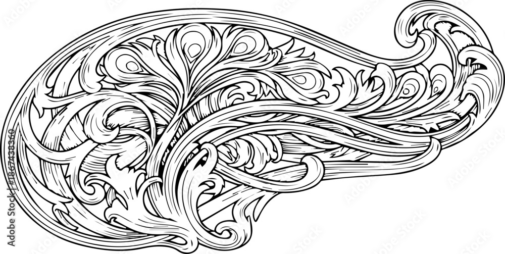 Fototapeta premium Hand Drawn Baroque Acanthus Leaf Scroll Ornament with Highly Detailed Shaded Engraving Style