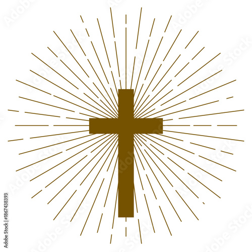 Religion cross. Icon with sunbursts on white background. Christian cross sign hipster sun starburst retro vintage design