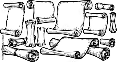 Collection of Hand-Drawn Parchment Scrolls and Manuscripts in Various Rolled and Open Positions