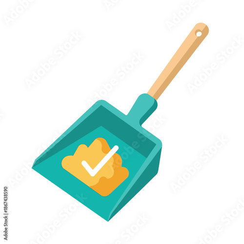 A colorful teal dustpan with a wooden handle is filled with a small pile of yellow dirt, featuring a clear white checkmark, symbolizing a completed task.