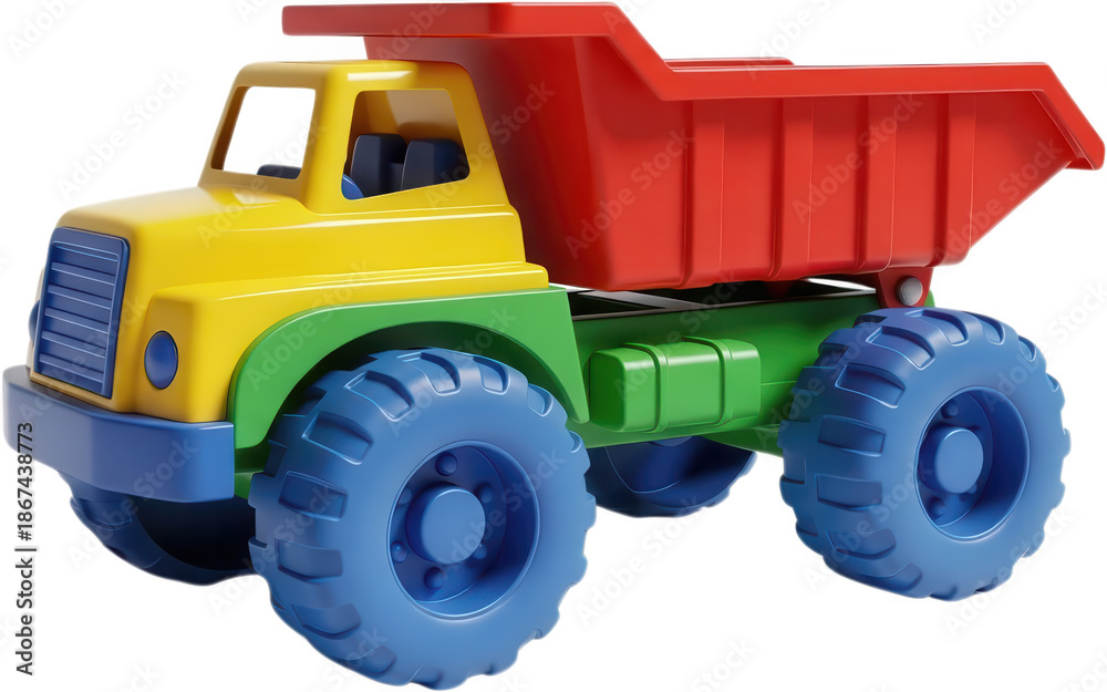 Obraz premium Colorful plastic toy dump truck with a bright red cargo bed and large blue wheels perfect for children's play and creative projects colorful toy childrens toy toy vehicle transparent background