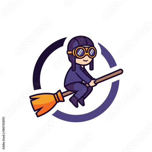A whimsical cartoon character, adorned in a pilot's helmet and goggles, gleefully soars on a magical broomstick, embodying imaginative flight and adventurous spirit.