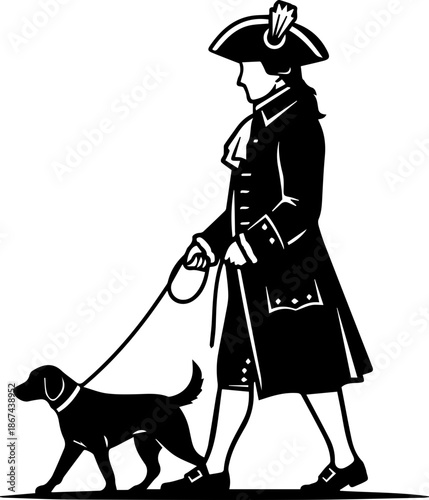 Historical gentleman walking a dog, vintage style, classic companionship, old world charm, pet ownership, animal lover, timeless friendship, vector design