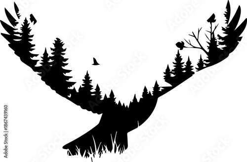 Majestic bird silhouette with stunning forest scene within its wings, capturing nature's beauty and freedom, perfect for environmental themes