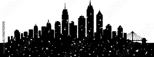 Dramatic city skyline silhouette against a crisp white backdrop, perfect for modern designs and urban themes, capturing the essence of city life