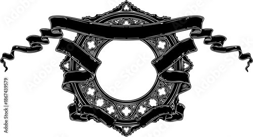 Elegant vintage black frame with ribbon banner accents, perfect for invitations, announcements, and classic design projects, originally vector graphics