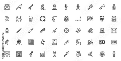 Criminal icon set. Crime vector illustrations. Includes symbols for thief, bribe, kidnapping, pistol, drugs, prison, explosive and more. Editable stroke.