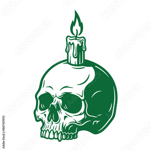Green skull with a melting candle on top  spooky Halloween symbol  death and horror icon