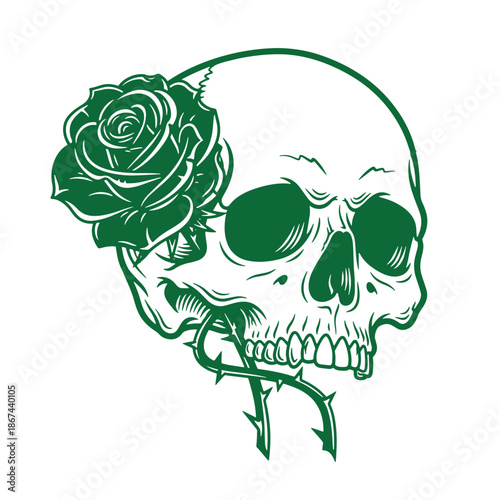 Green skull with a rose and thorn isolated on transparent background