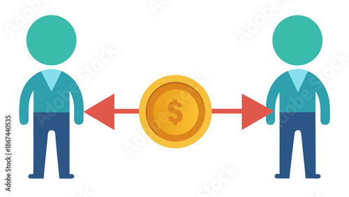 Two human silhouettes connected by a direct horizontal double arrow with a coin