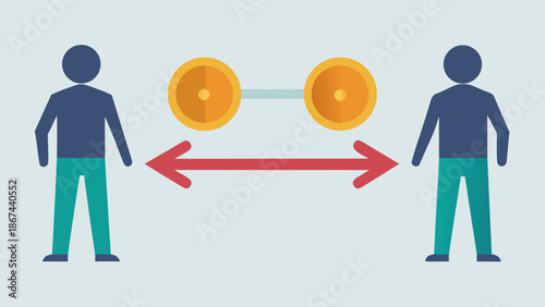 Two human silhouettes connected by a direct horizontal double arrow with a coin