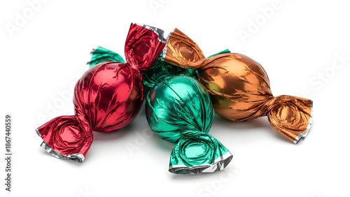 Three foil-wrapped colorful candies arranged on a white background.