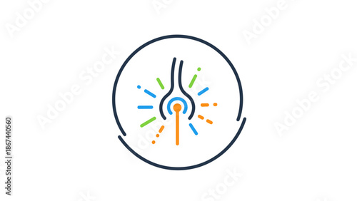 Stylized lightbulb icon with colorful rays in a circular frame.