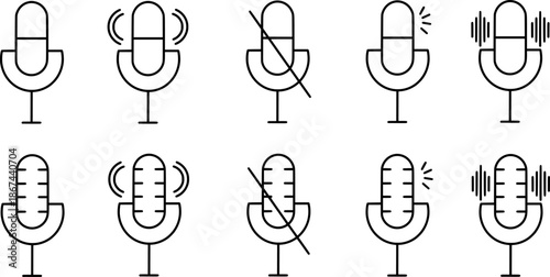 Microphone icon set. Outline style symbol for audio recording, voice control, podcast, mute and sound waves. Idea for app interface, streaming, communication and media design. Vector illustration.